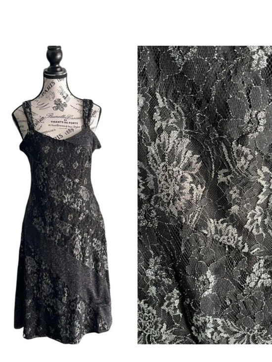 Terra Nostra Dresses & Skirts - Vintage 90s Y2K Terra Nostra Black Silver Lace Slip Dress Size Large (12)